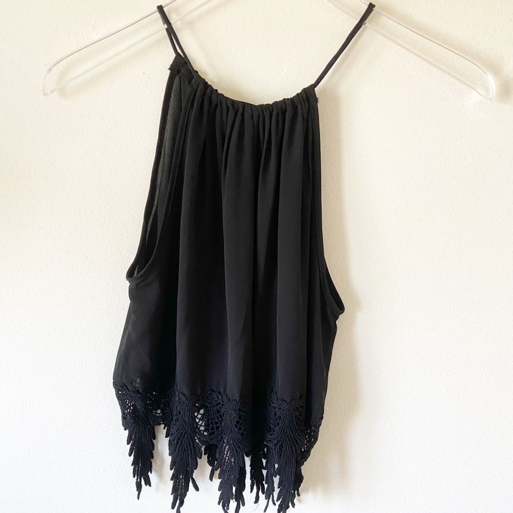 Jella Couture Black Tie Neck crochet fringe tank